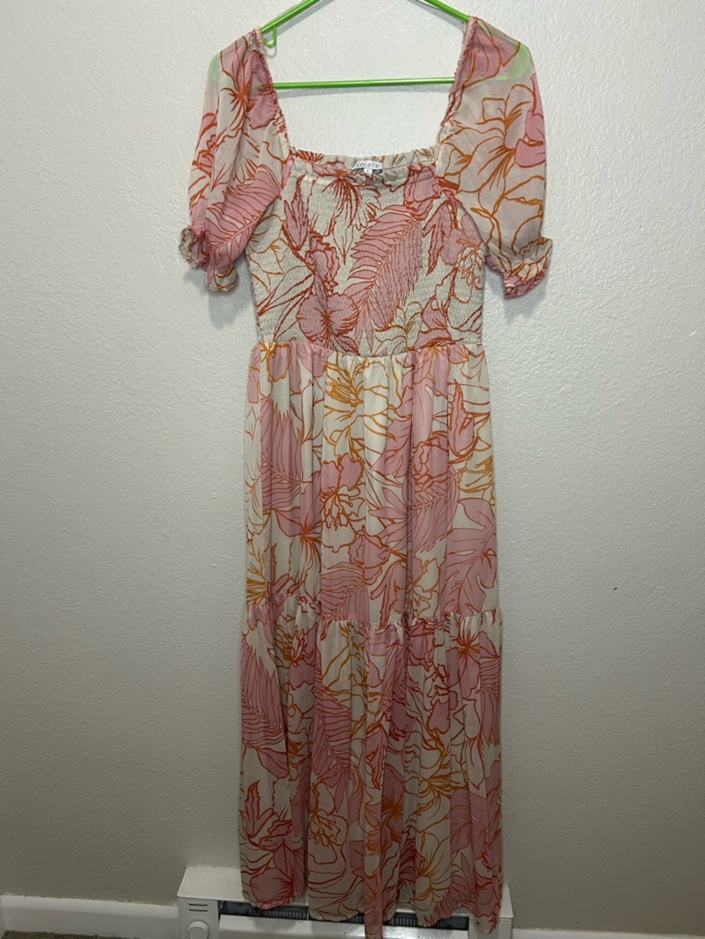 Patrons of Peace Pink Floral Shirred Cottagecore Maxi Dress Puff Sleeve Medium - Picture 3 of 9